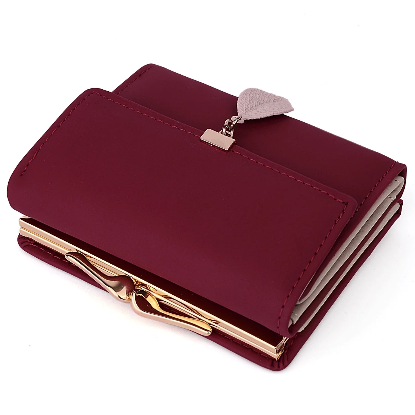 Small Wallet for Women PU Leather RFID Blocking Coin Purse Card Holder Trifold Ladies Purse Leaf Pendant(Wine Red)