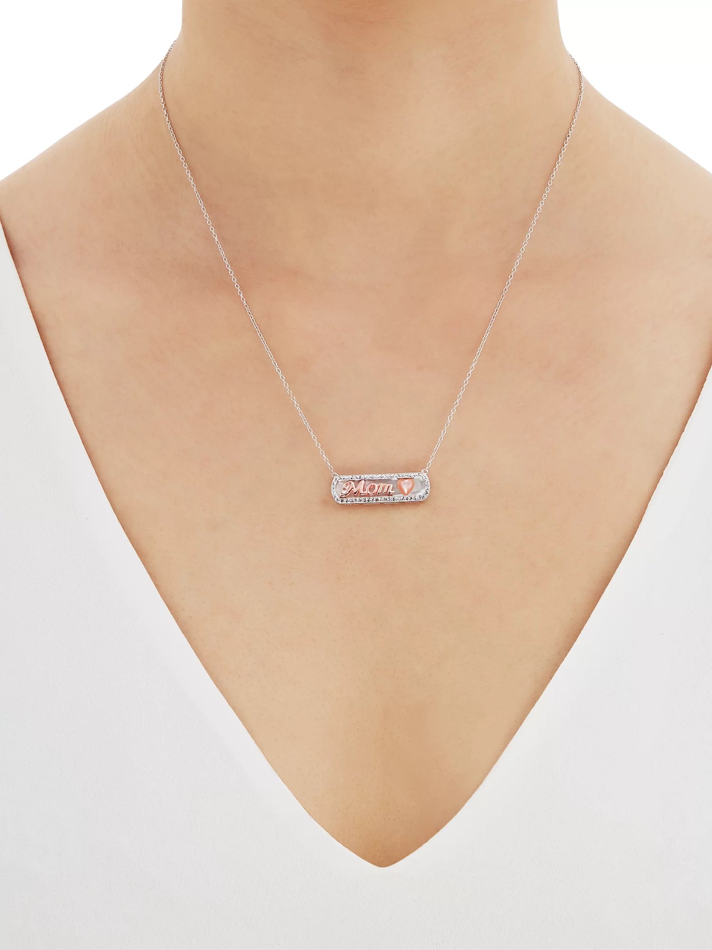 Mother of Pearl Bar,Crystal,Heart,Mom Necklace in Sterling Silver and 14KT Rose Plate,18"