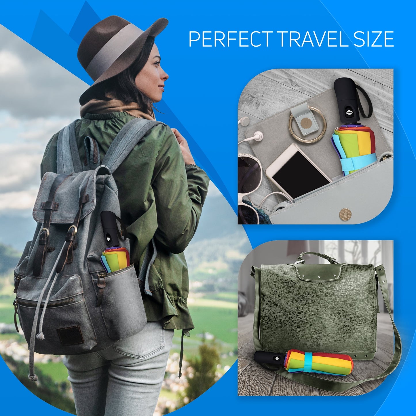 Compact Travel Umbrella, Windproof Umbrella, Auto Open and Close Button, 9 Rib Reinforced Canopy (Rainbow)