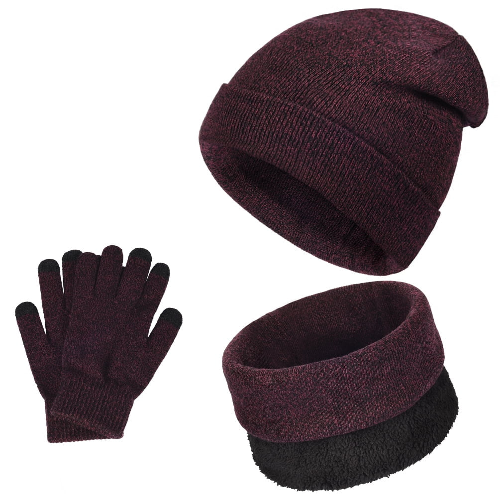 Winter Beanie Hat Scarf Touchscreen Gloves Set for Men and Women, Beanie Gloves Neck Warmer Set with Warm Knit Fleece Lined, Wine Red