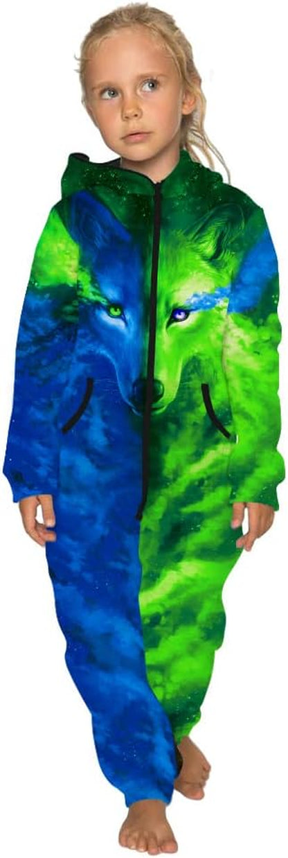 Wolf 3D Print Kids Zip up Hoodie Jumpsuits Boys Girls Hoodie Jumpsuits Rompers Comfortable Casual Zip Hooded Playsuit (13-14 Years, Green-Blue)