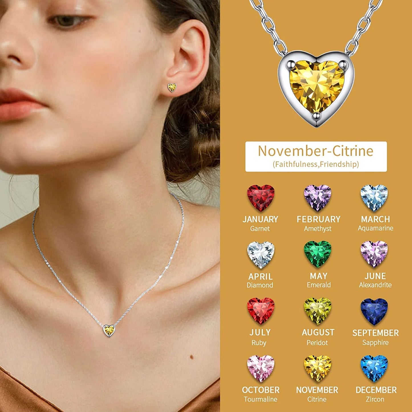 Women November Birthstone Necklace 925 Sterling Silver Small Cubiz Zirconia Topaz Pendant Heart Pendant Necklace for Women