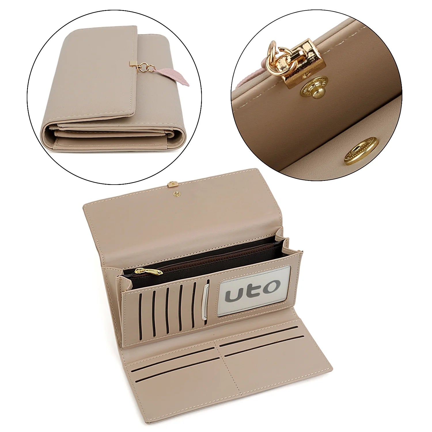 Womens Wallet PU Leather RFID Blocking Card Holder Elegant Zipper Coin Purse Leaf Pendant(Khaki)