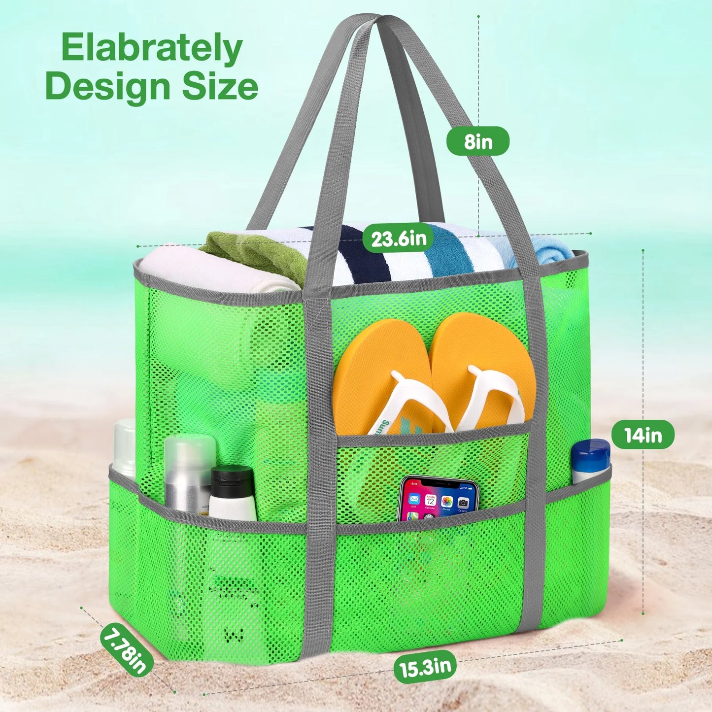 Mesh Beach Bag Rope Handles, Mesh Tote Bag for Women Contains Wicker Oversized Beach Tote Bag with 9 Small Pockets (Green)