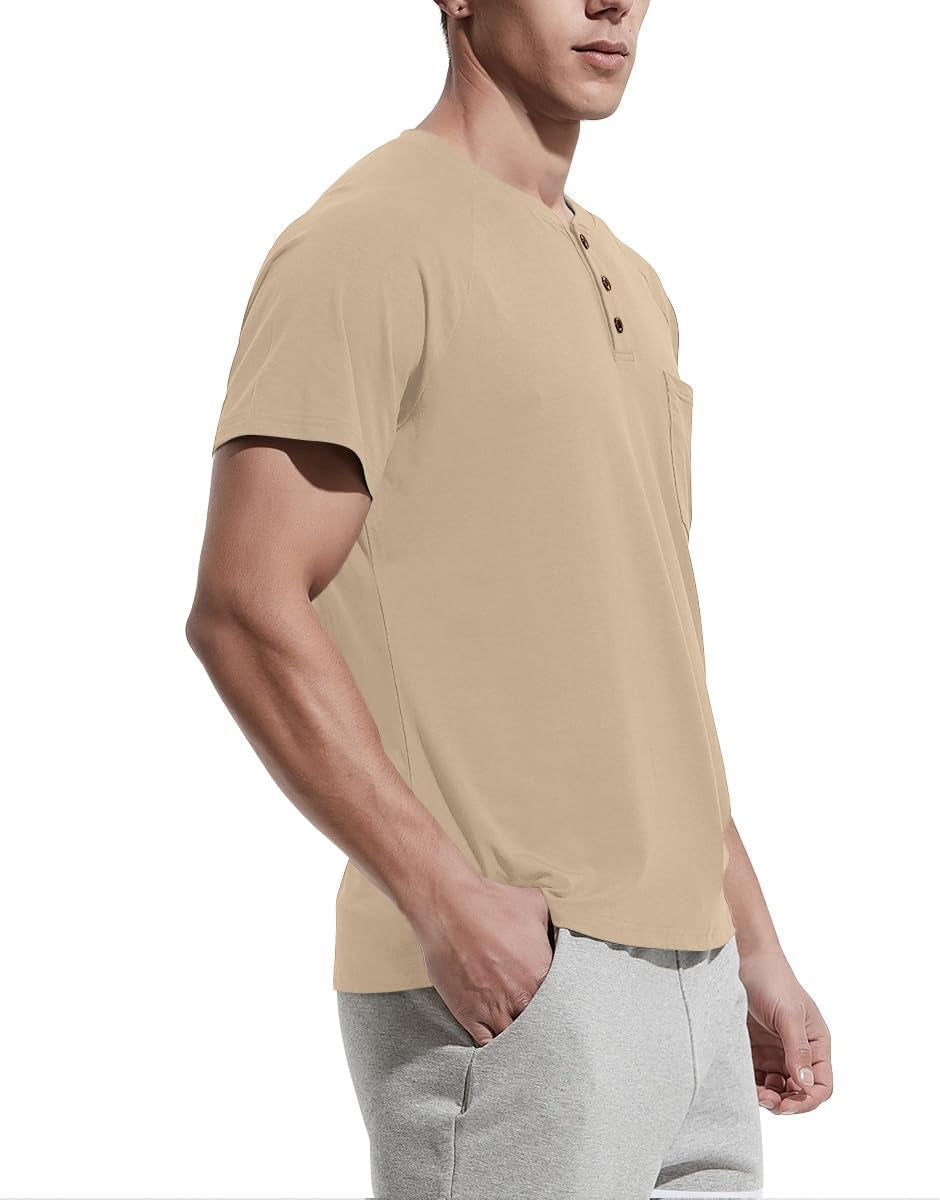 Men'S Summer Casual T-Shirts Front Placket Raglan Short Sleeve Henley Shirts with Pocket XL, Khaki